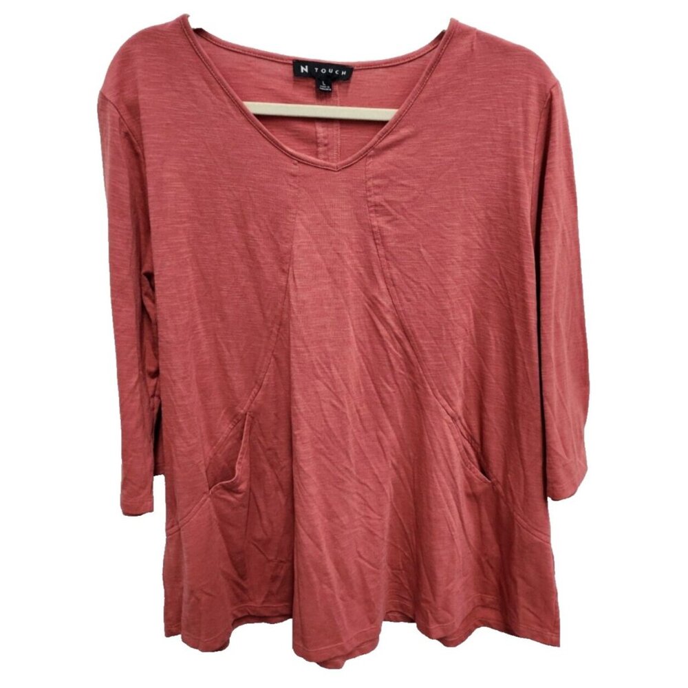 N Touch Womens Lagenlook Tunic Top With Pockets Large Coral 3/4 Sleeve‎ Casual